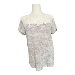 🤎✨ EUC LAVISH Tan & Gray Knit Top with Sheer Lace Detail | Sz L
